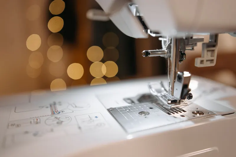 Detailed view of a sewing machine needle and parts with bokeh background, showcasing precision engineering